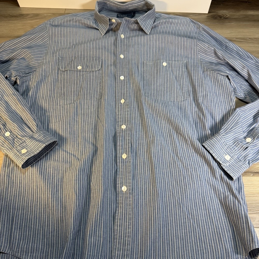 Vtg Polo Ralph Lauren GI Shirt Hickory Stripe 2XLT Railroad Workwear Blue